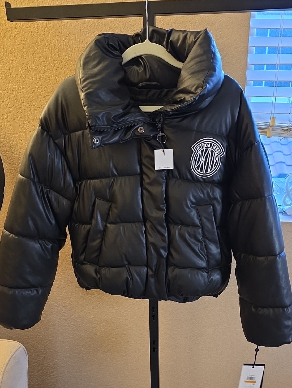 DKNY Womens Black Puffer Jacket with Logo Patch